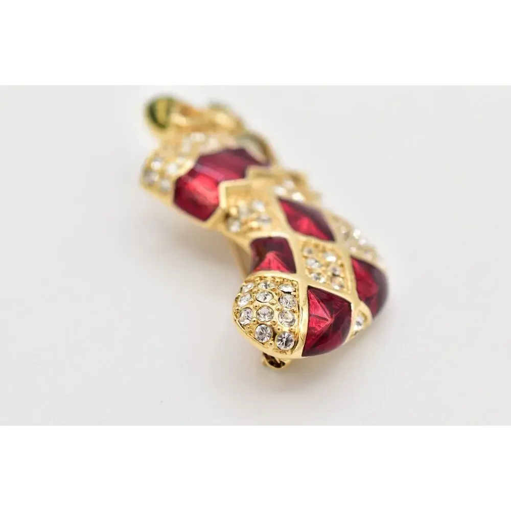 Monet Vintage Christmas Stocking Pin Brooch Red Enamel Bow Crystal Signed BinBG